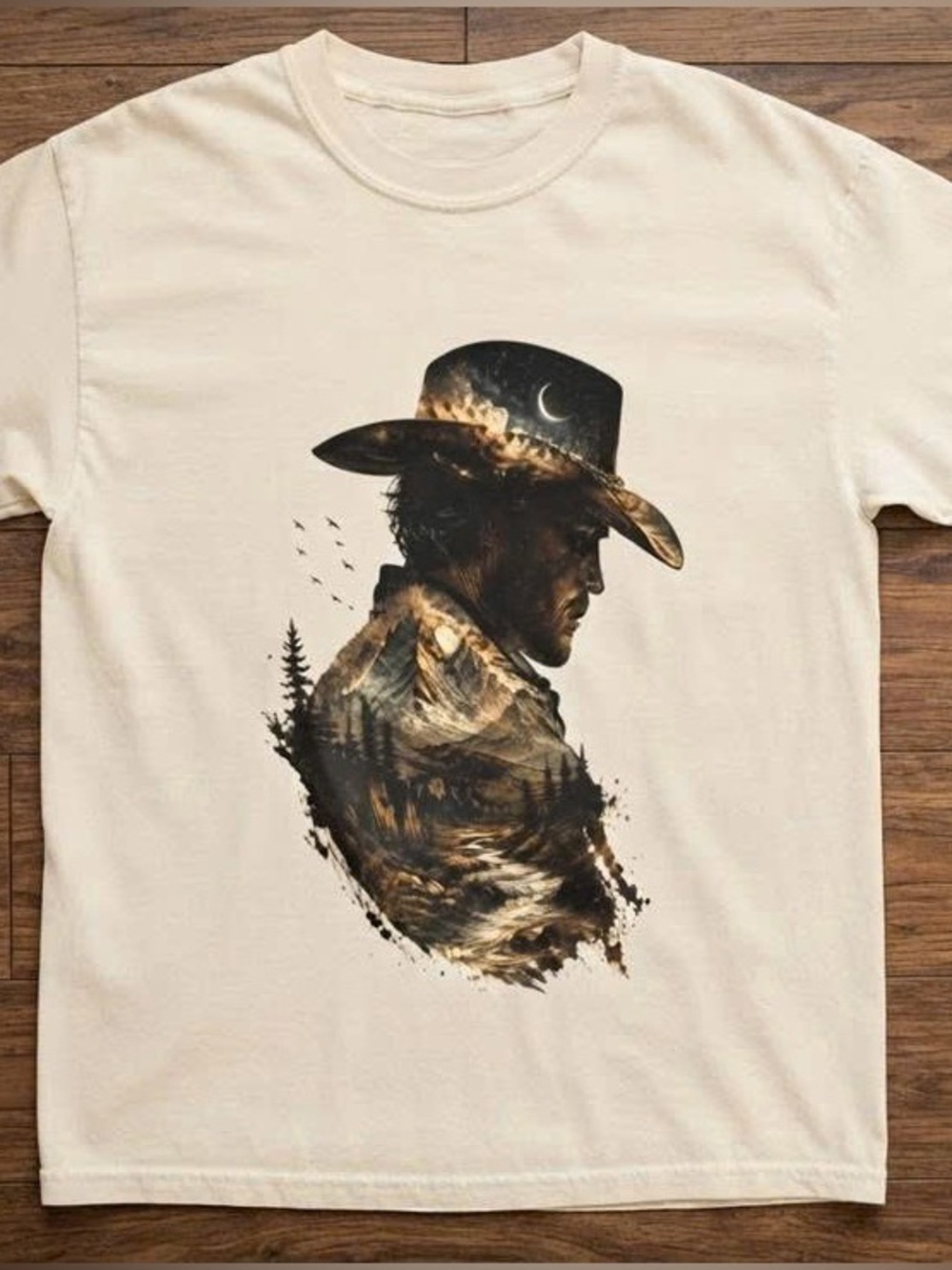 Cream Short-Sleeve Tee with Cowboy Silhouette Graphic